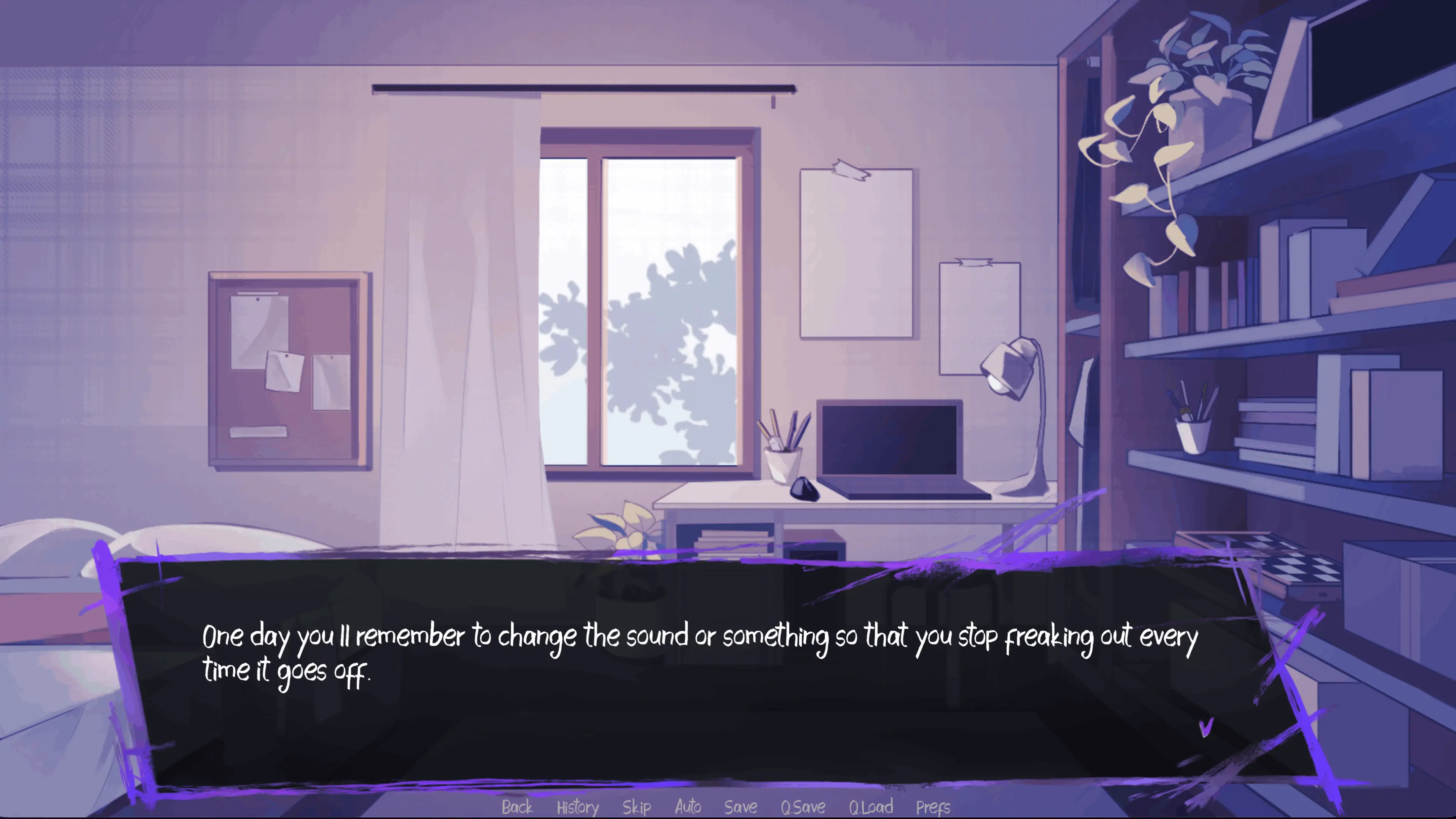Bedroom scene with narration and a row of quick menu controls