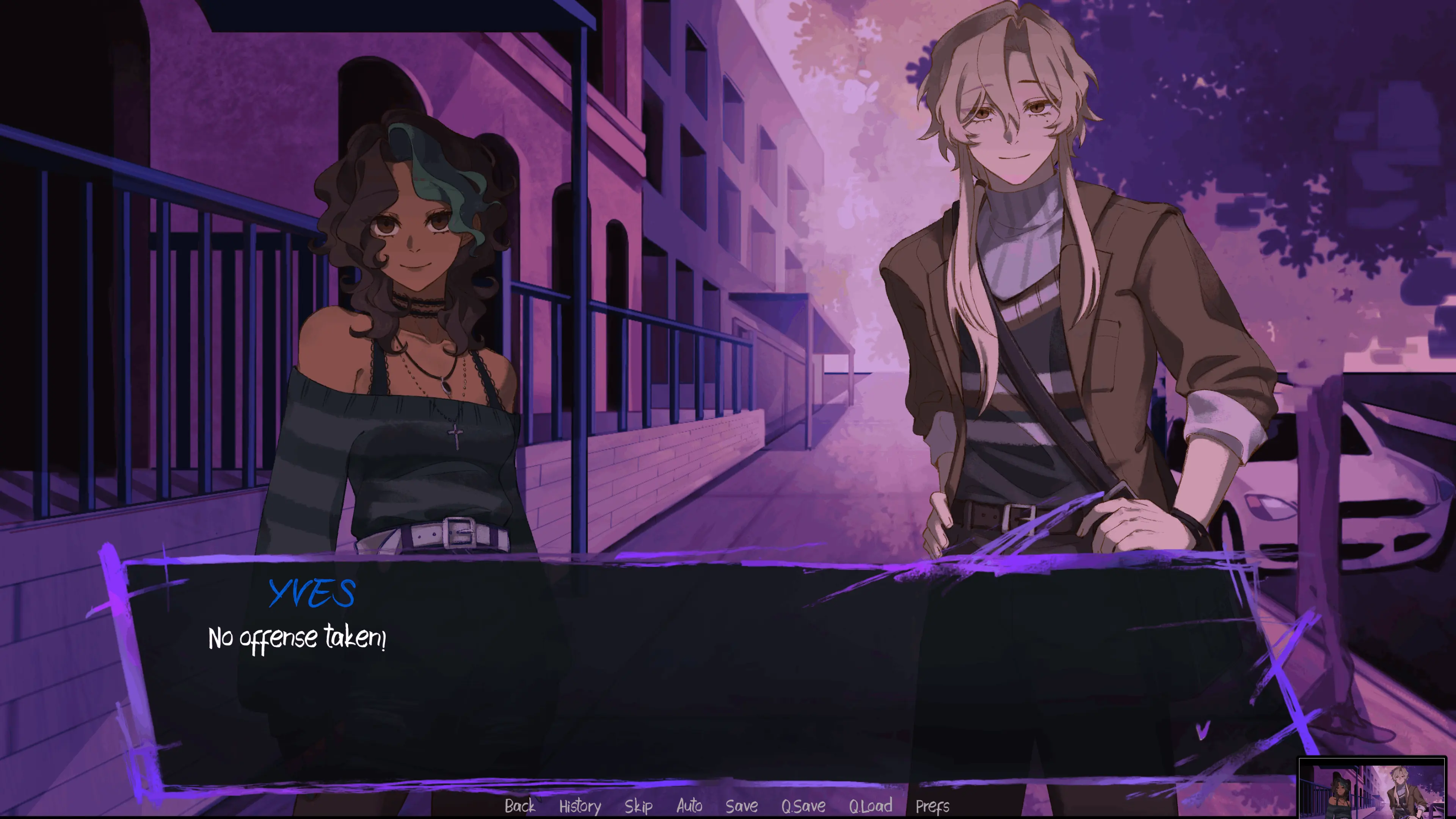 An outdoor dialogue scene with Tris and Yves