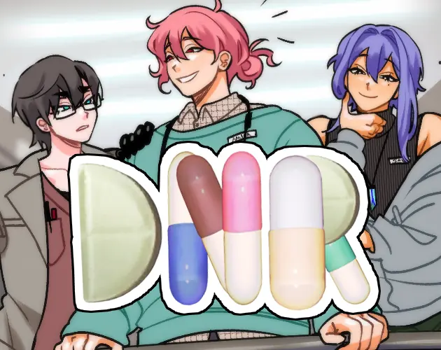 DNR: Do Not Reciprocate cover with three love interests grinning behind a capsule-letter logo