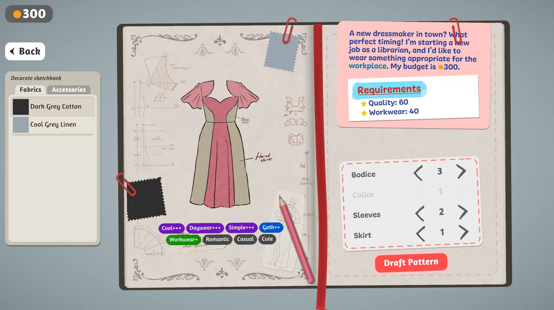 Dressmaker sketchbook with dress design and customer requirements