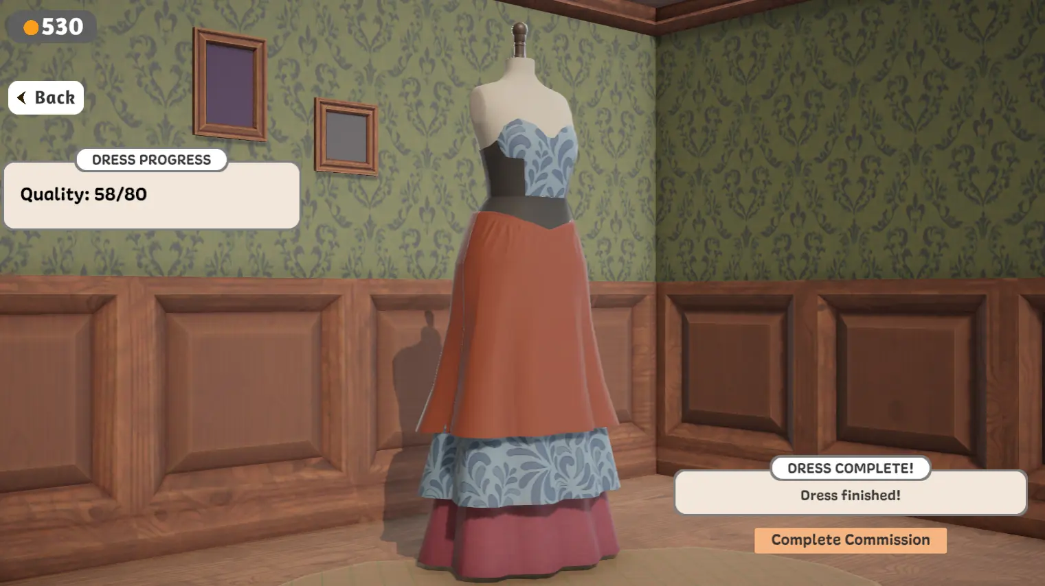 Dressmaker finished dress with blue patterned bodice and rust skirt