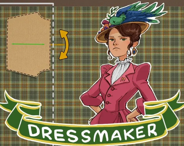 Dressmaker title artwork with a customer, fabric and a cut pattern