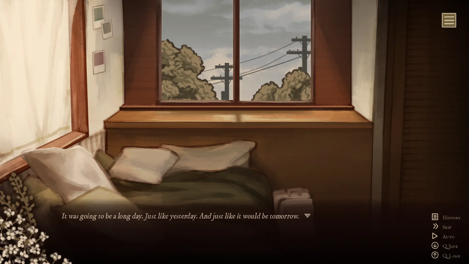 Gentle Fall screenshot of the dialogue box and quick menu over a bedroom background