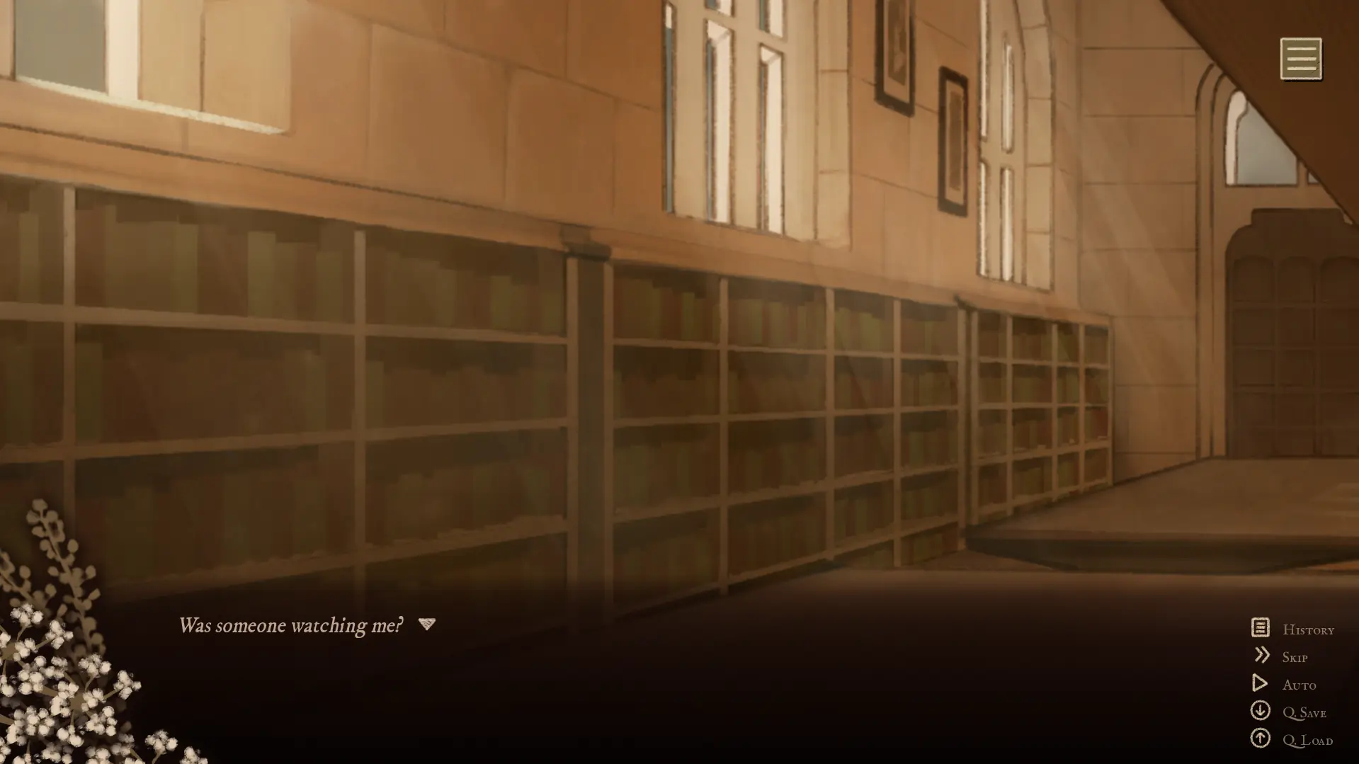Gentle Fall screenshot of a university library with bookshelves in warm afternoon light