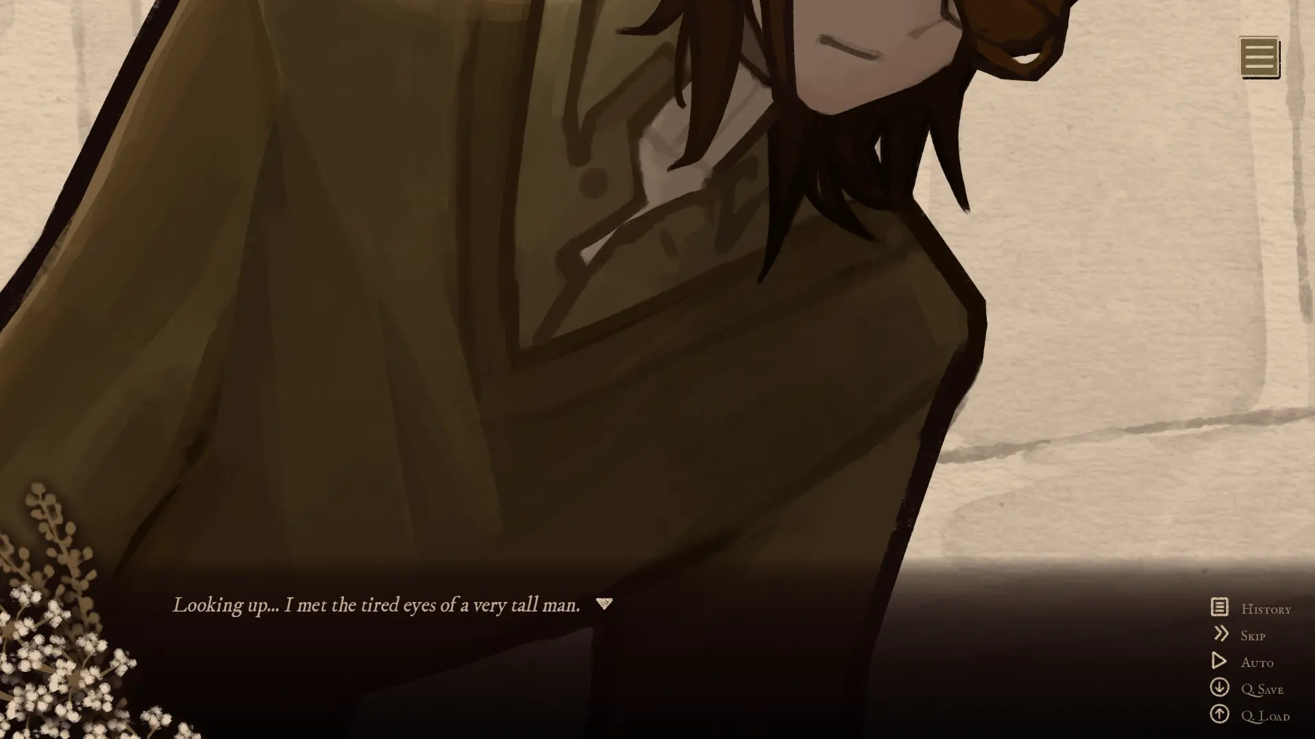 Gentle Fall screenshot of an illustrated close-up of Chester in a brown coat