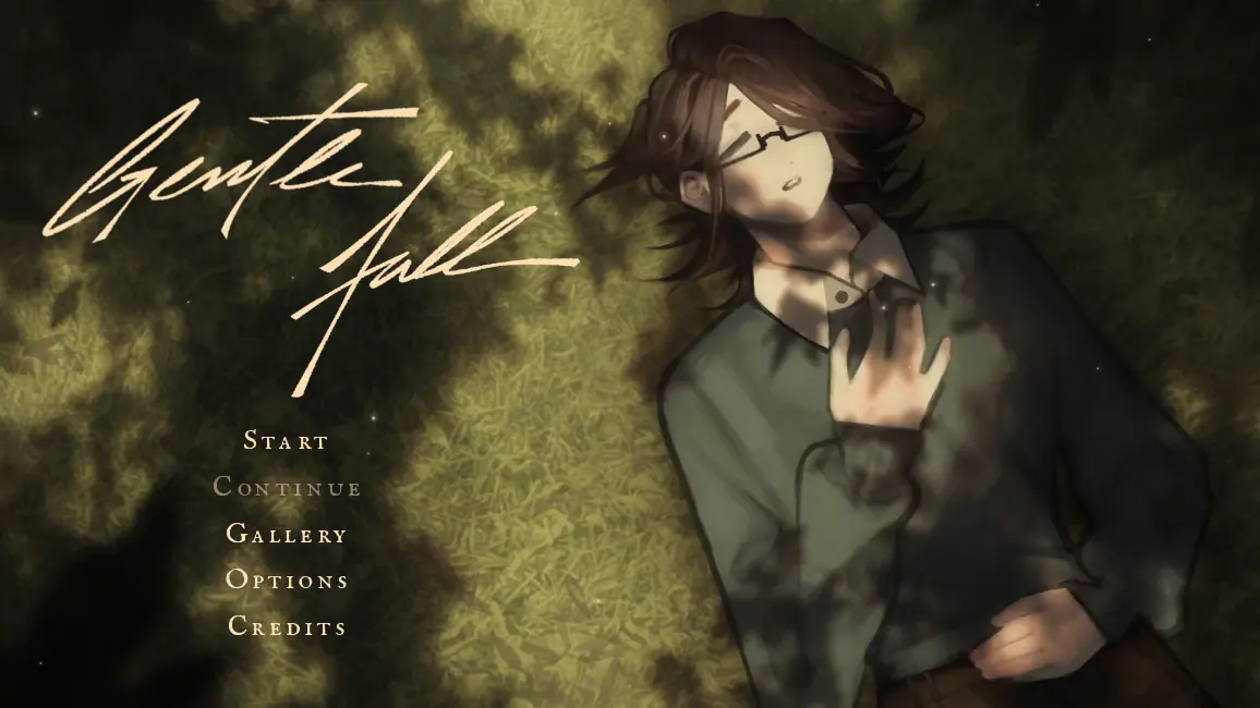 Gentle Fall title screen featuring the logo, main menu and Chester lying on the grass