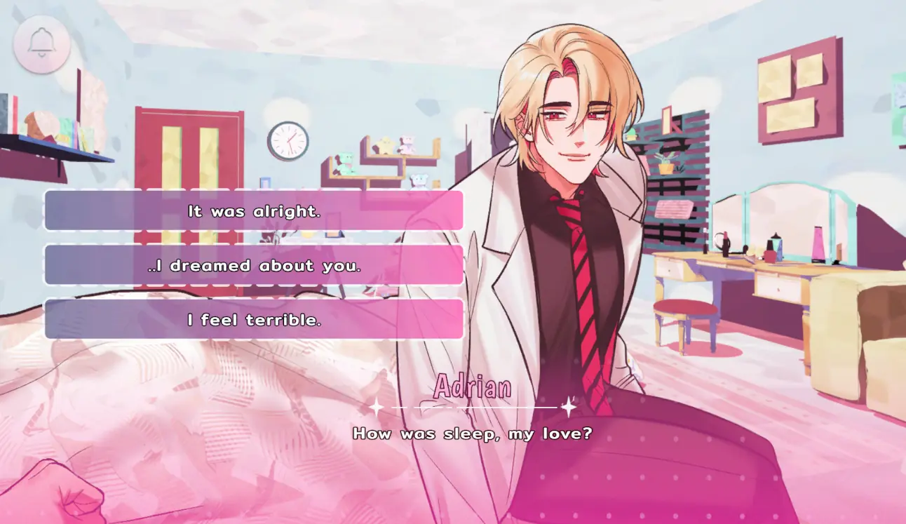 Three dialogue responses beside Adrian in a bedroom