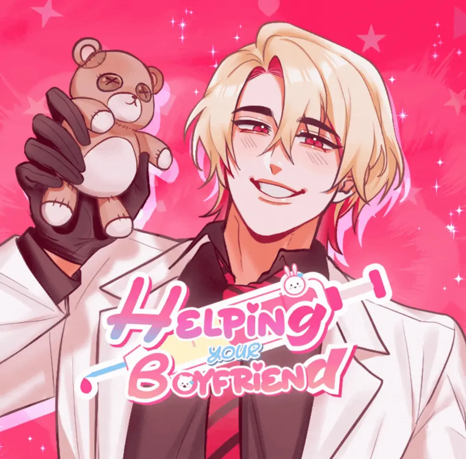 Helping Your Boyfriend title artwork showing Adrian holding a toy bear
