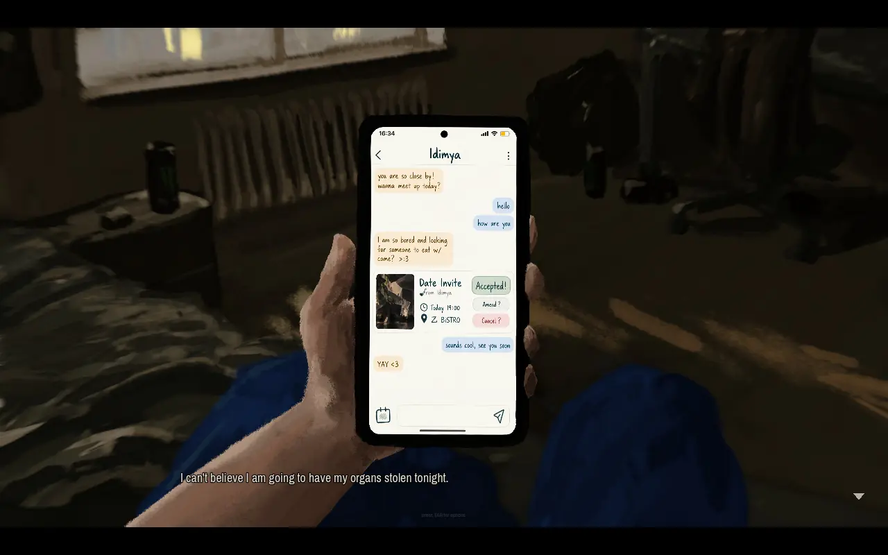 Messages from Idimya inviting the protagonist to meet at a bistro