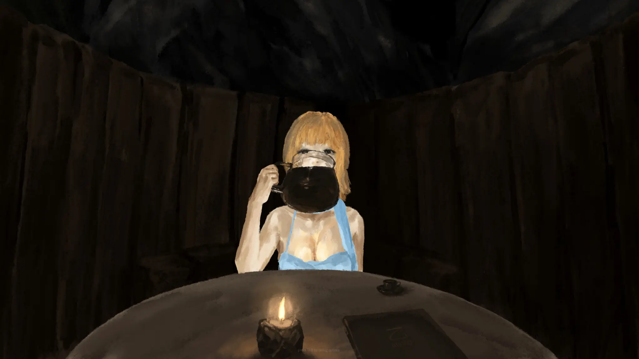 A painted dinner scene with Idimya, a glass jug, and a candle between the characters