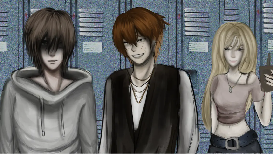 Insomnia Jeff The Killer screenshot of three teenage characters lined up beside school lockers