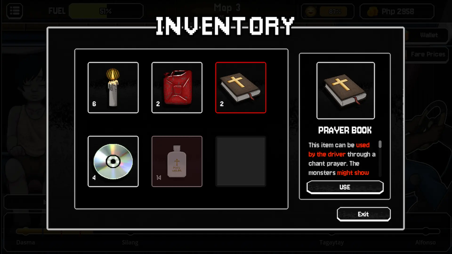 Jeep Horror inventory screen with candles, fuel cans, a prayer book, a disc and a bottle