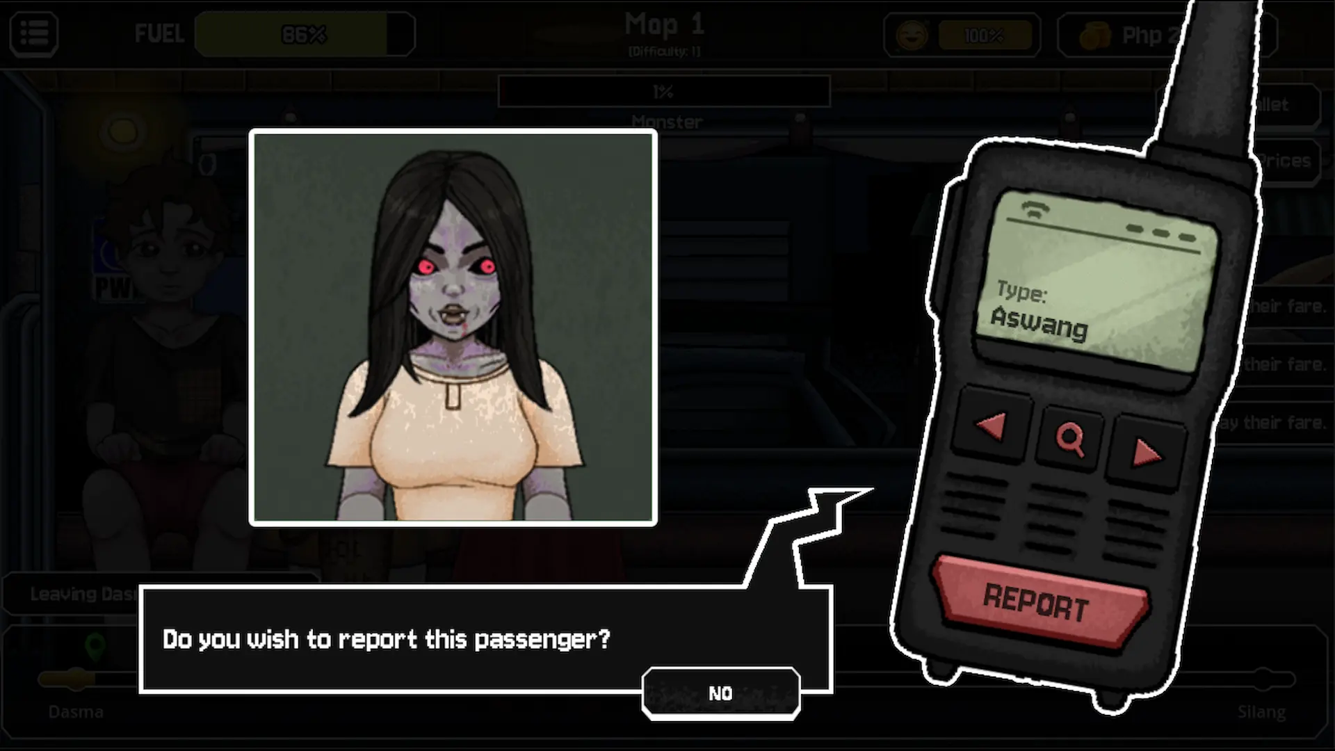 Jeep Horror radio screen classifying a passenger as an aswang above a report prompt