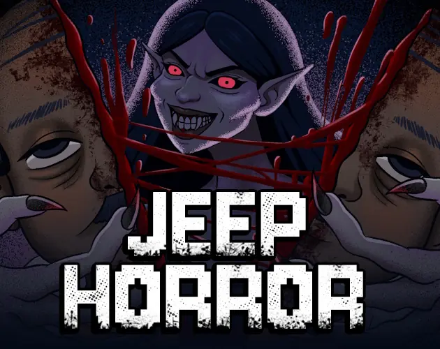 Jeep Horror key art with a fanged pale-faced creature and blood streaked across the title