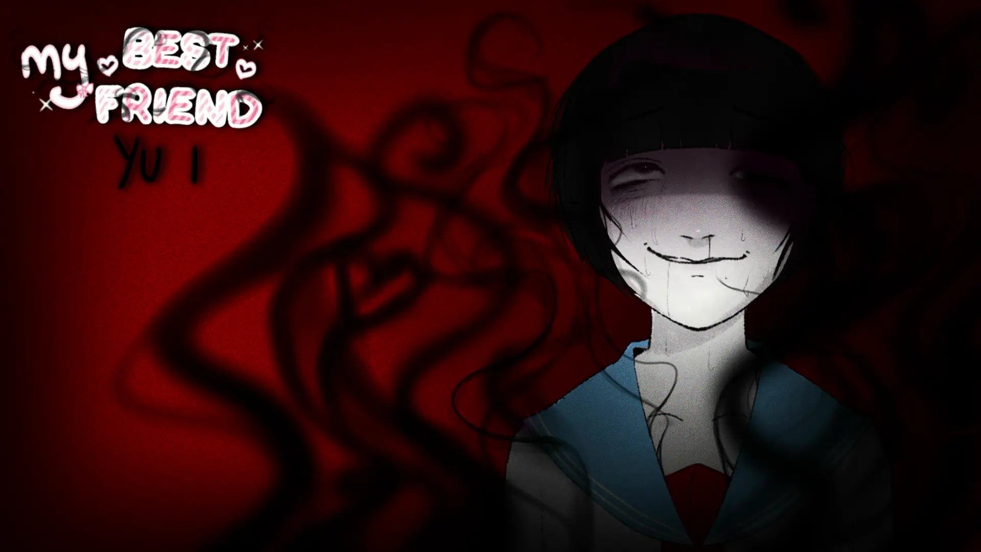 Widescreen My Best Friend Yui key art showing Yui smiling while dark tendrils spread across a red room