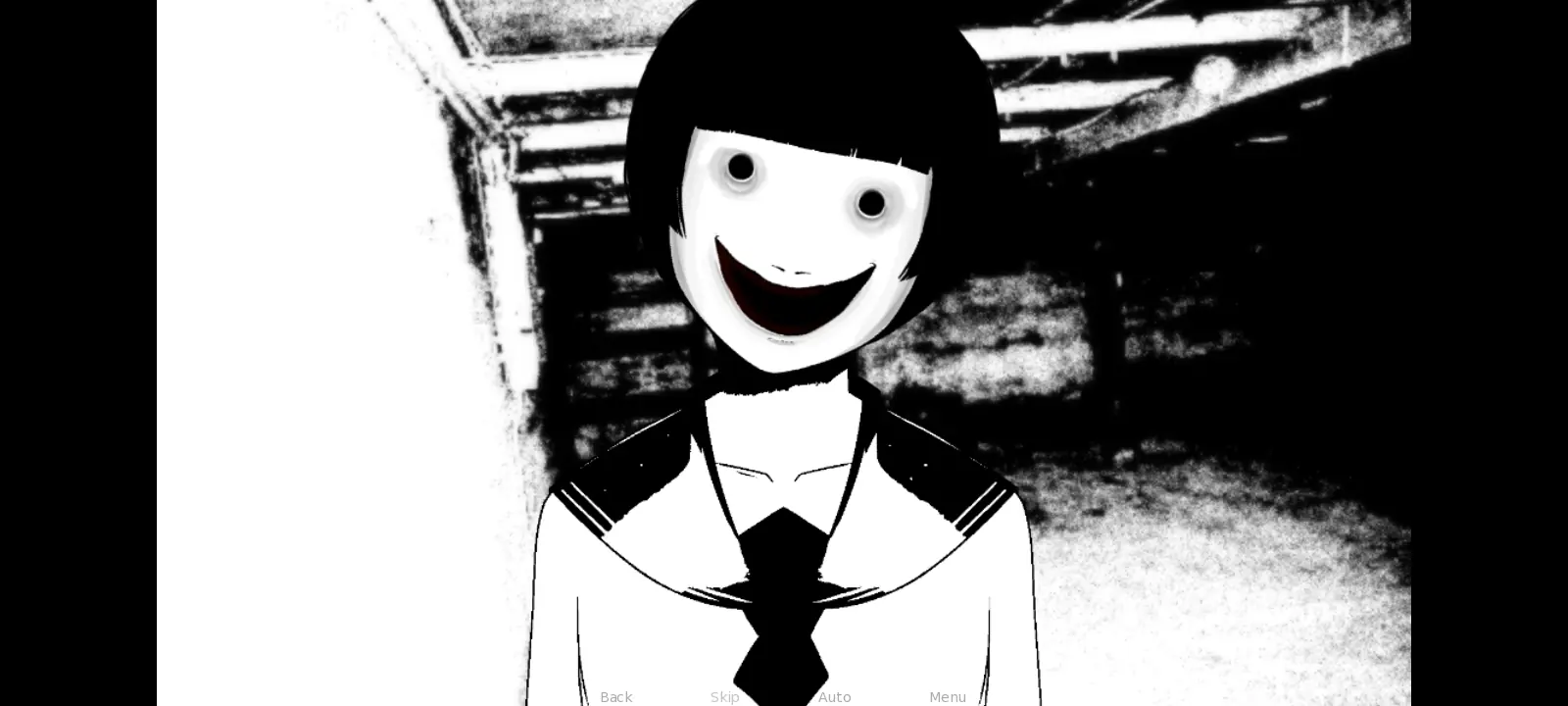 High-contrast black and white horror scene from My Best Friend Yui with a mask-like grinning face and the Back, Skip, Auto, and Menu controls