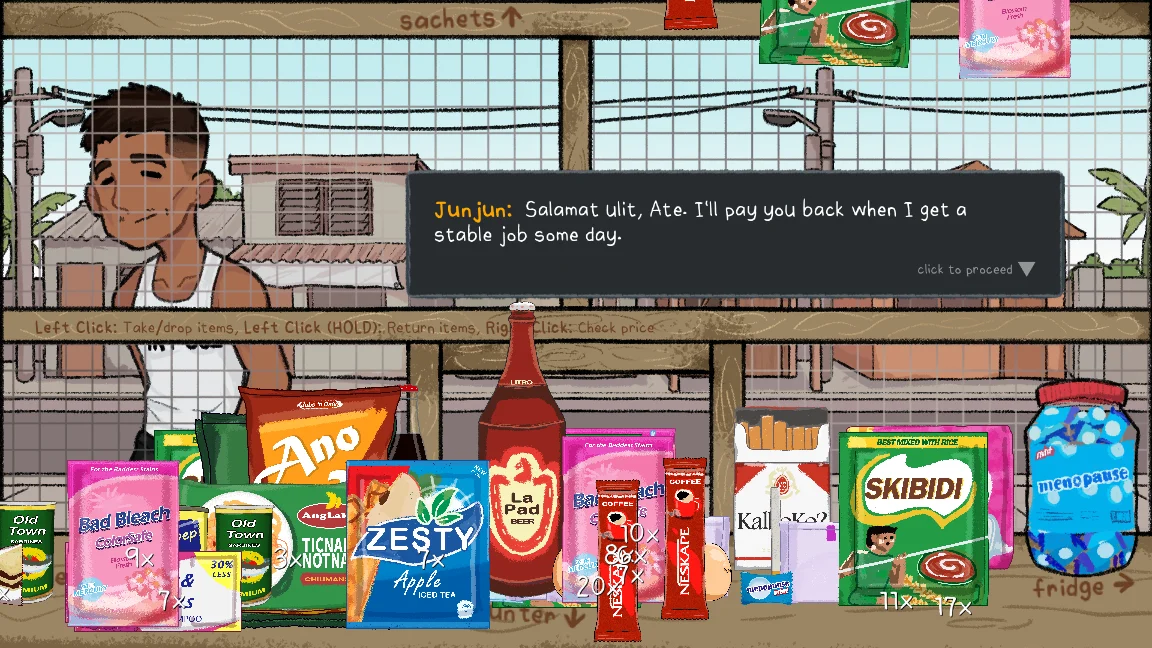 Junjun talking at the counter with groceries displayed in front of him