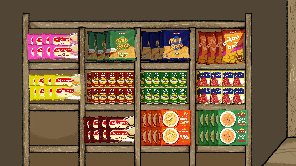 Wooden shop shelves holding noodles, canned food, crackers, and snacks
