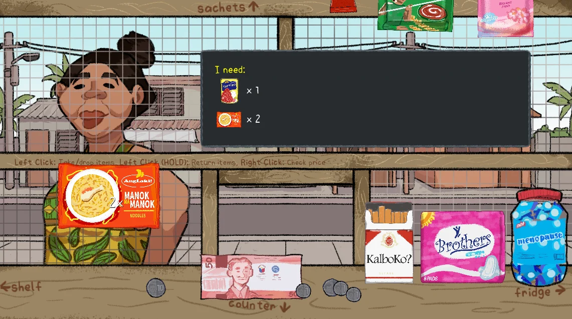 A customer requests canned food and two noodle packs at the shop window
