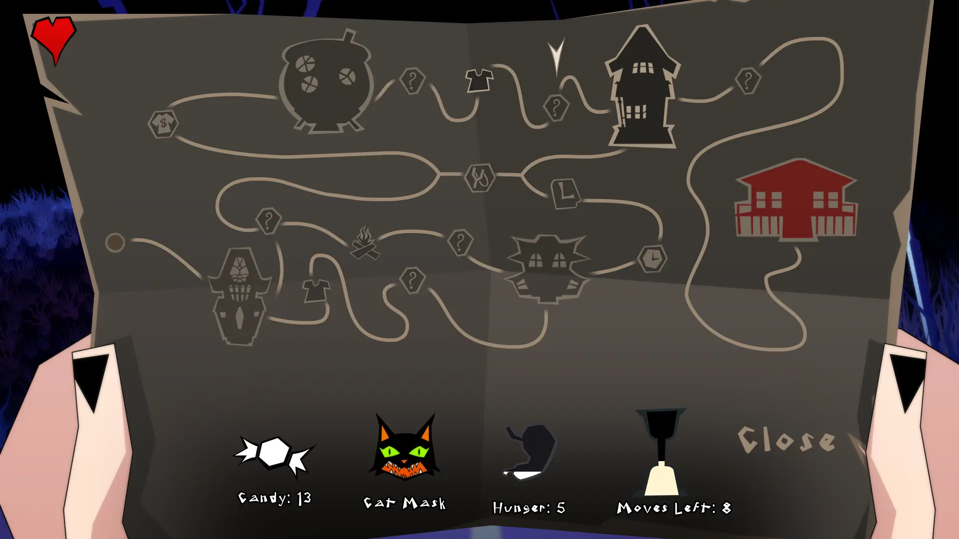 Nightmare Neighborhood: Neighborhood map with the player resource counters