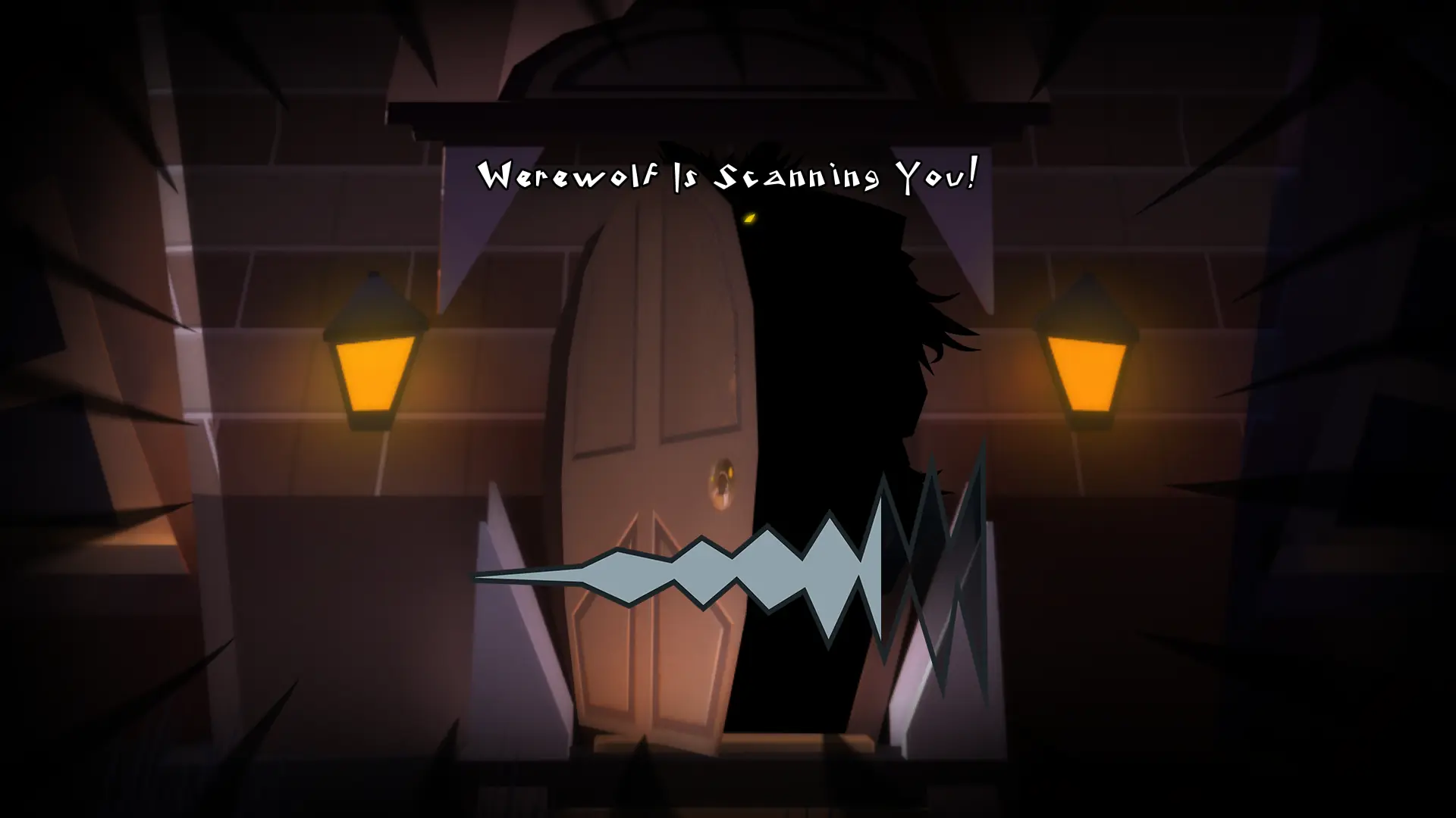 Nightmare Neighborhood: Werewolf scanning the visitor at a doorway