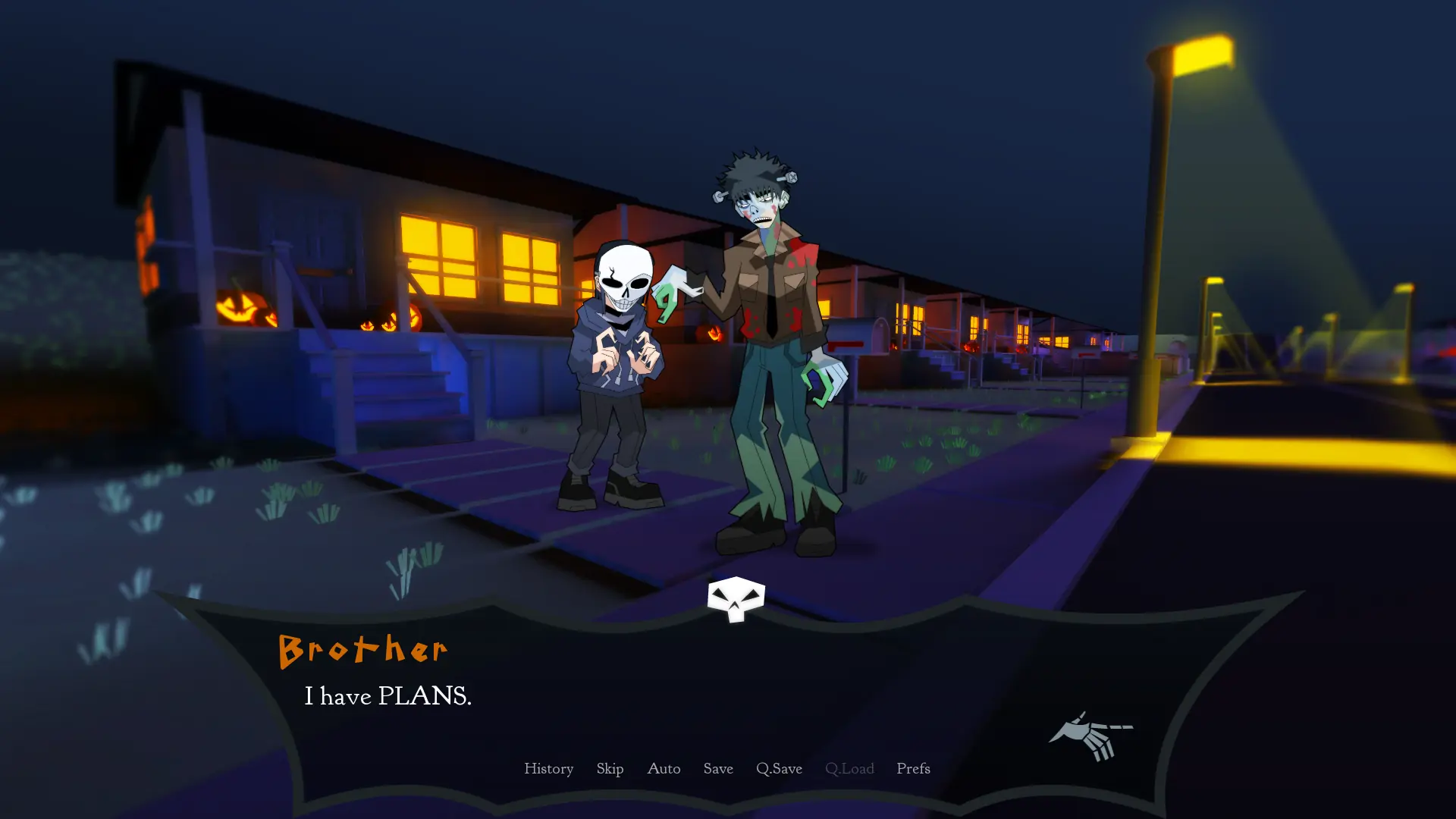 Nightmare Neighborhood: Brother and child beside Halloween houses