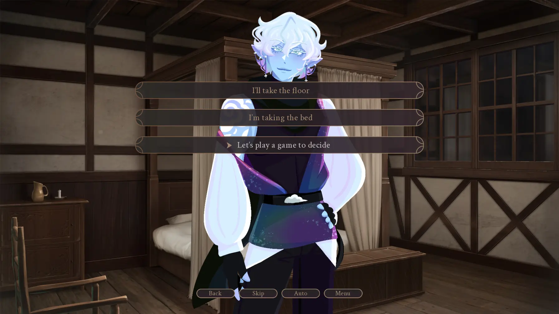 Only One Bed at the Inn screenshot showing a three-option decision in the guest room