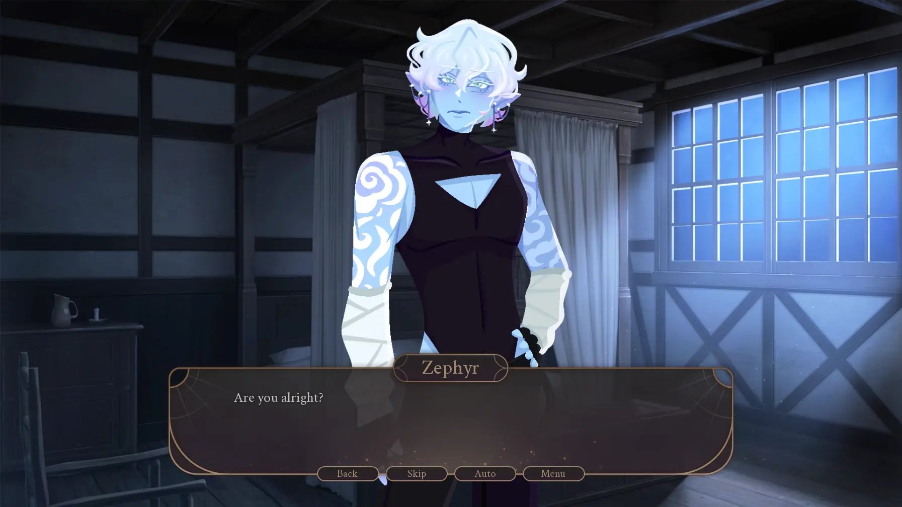 Only One Bed at the Inn screenshot of a blue-lit night scene with a concerned expression