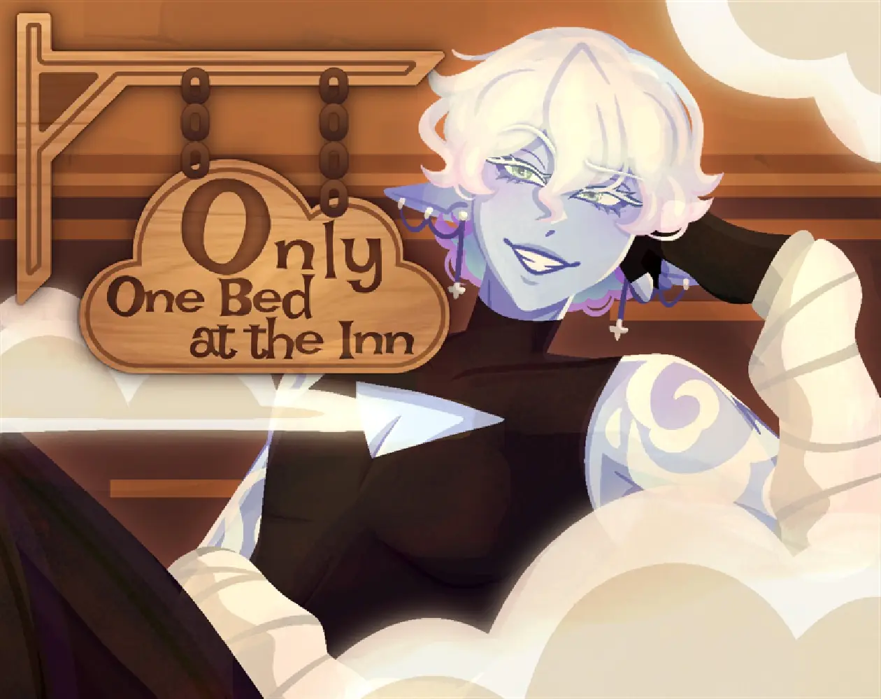 Only One Bed at the Inn cover art with a wooden tavern signboard and a grinning silver-haired rogue