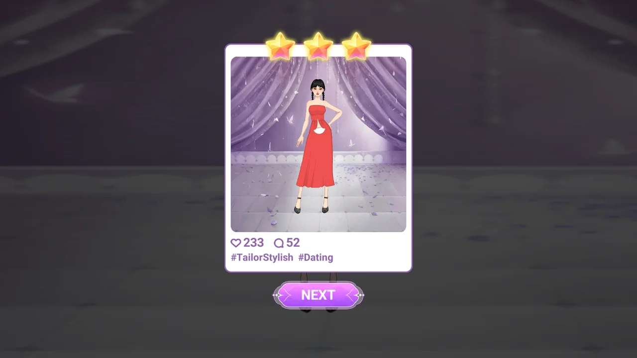 Tailor Stylist finished red dress displayed on a fashion diary result card