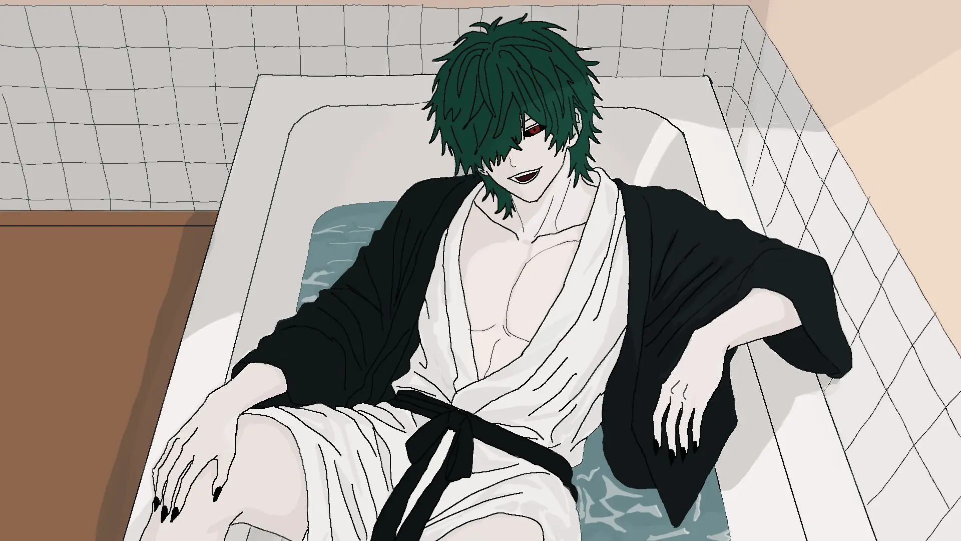 Green-haired supernatural character reclining in a bathtub
