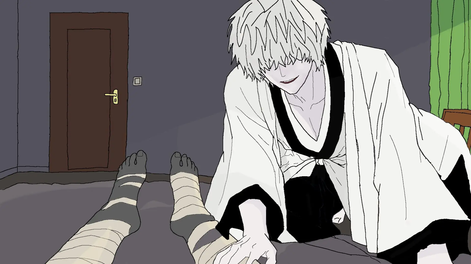 White-haired visitor leaning beside the protagonist in a bedroom