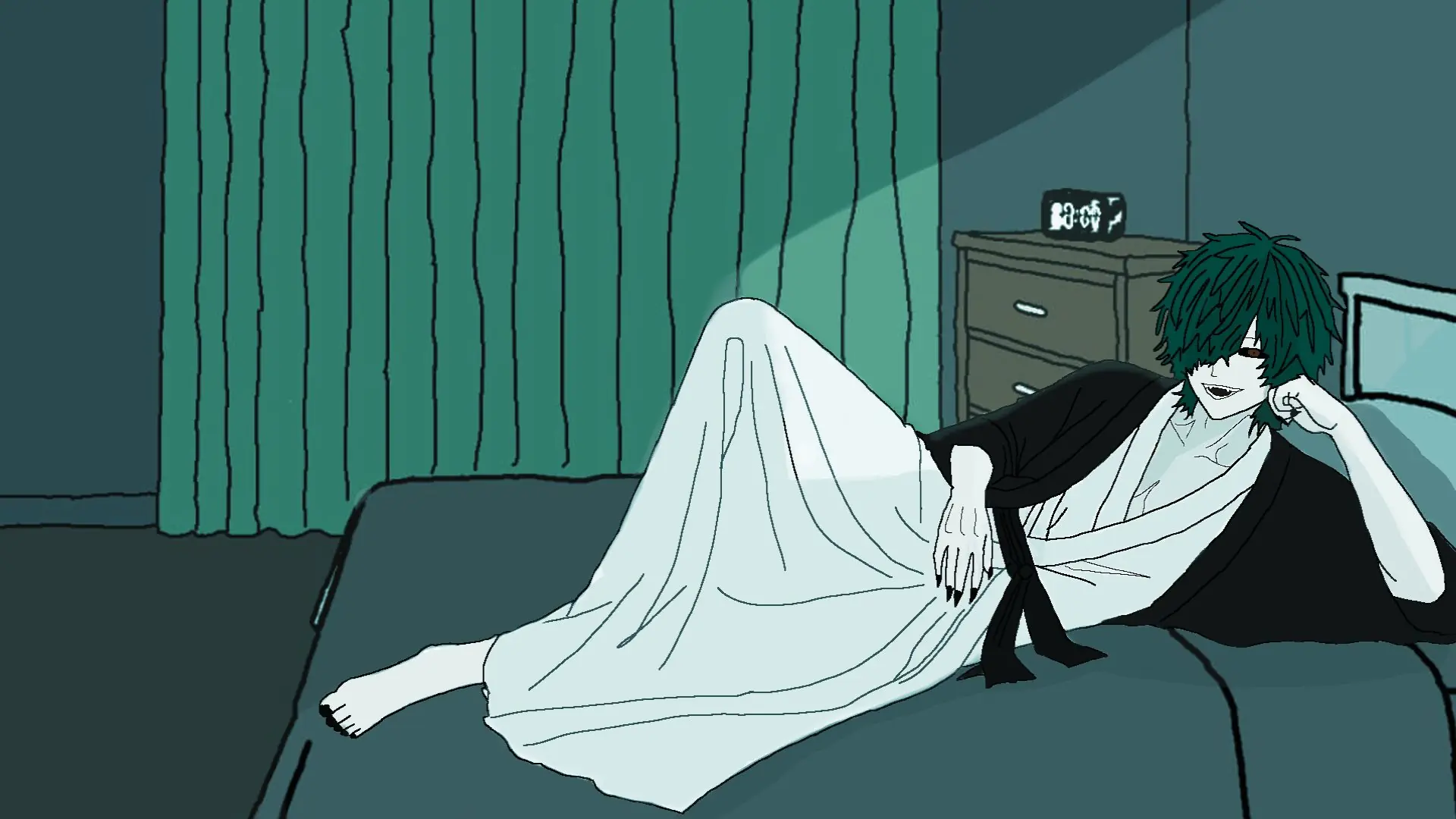 Green-haired character reclining on a bed in a dim room