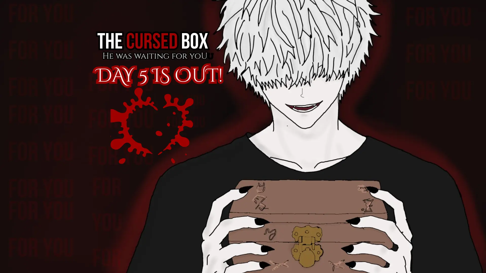 The Cursed Box cover with a white-haired character holding a decorated wooden box