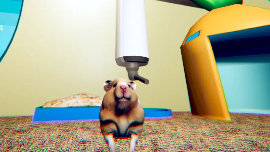 Hamster below a water bottle beside its shelter