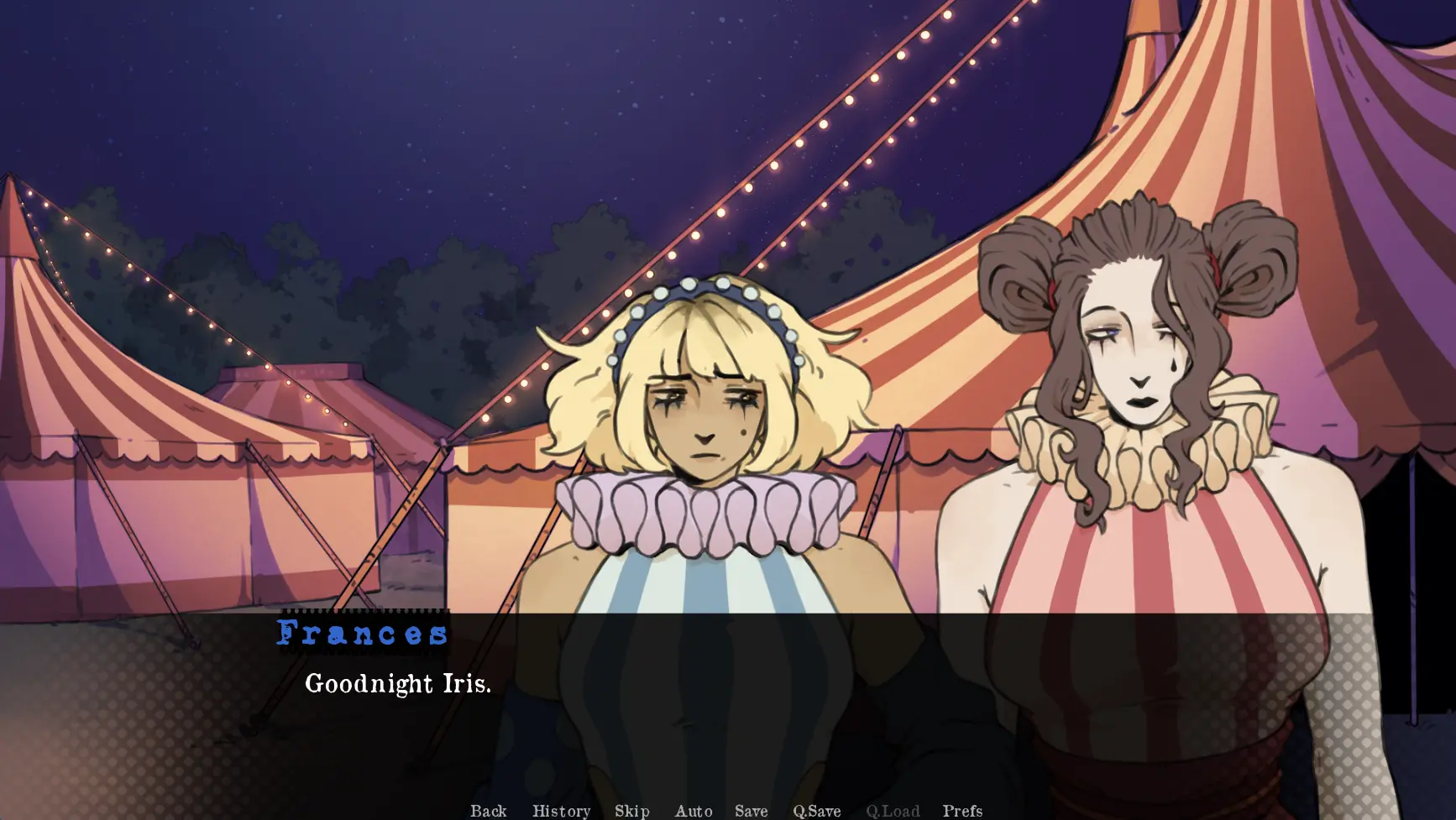 Where the Spotlight Lingers screenshot of two circus performers talking between the tents at night