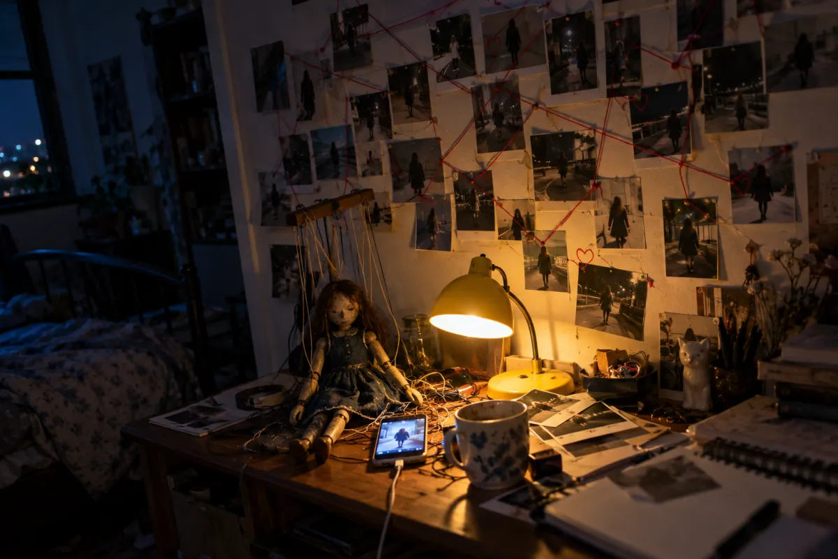 A bedroom wall covered in pinned photos of one person joined with red thread, with a marionette doll on the desk below